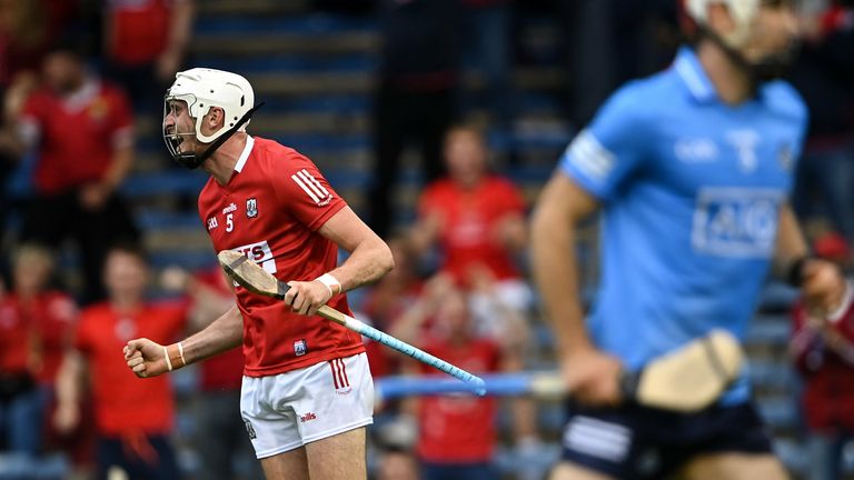31 July 2021; Tim O'Mahony of Cork celebrates after scoring his side's first goal during the GAA Hurling All-Ireland Senior Championship Quarter-Final match between Dublin and Cork at Semple Stadium in Thurles, Tipperary. Photo by Piaras .. M..dheach/Sportsfile