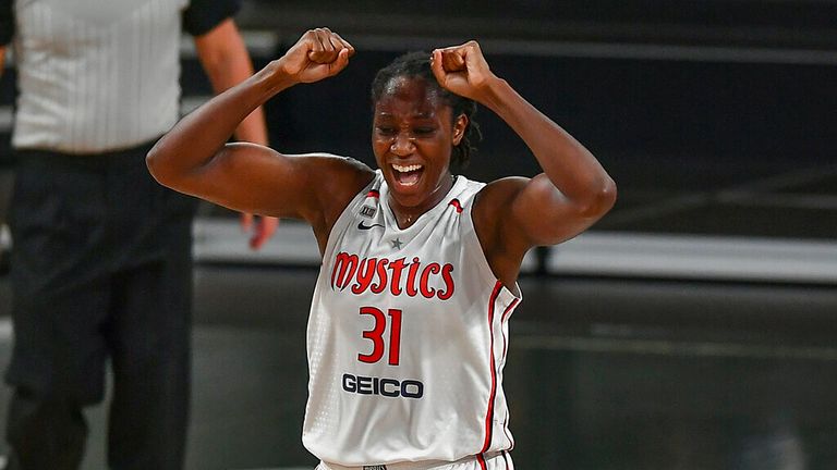 Washington center Tina Charles (31) reacts after being fouled during the WNBA game between the Washington Mystics and the Atlanta Dream