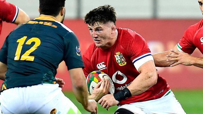14 July 2021; Tom Curry of the British & Irish Lions, supported by team-mate Josh Navidi, during the British and Irish Lions Tour match between South Africa ...A... and The British & Irish Lions at Cape Town Stadium in Cape Town, South Africa. Photo by Ashley Vlotman/Sportsfile