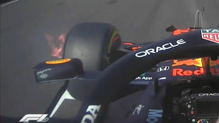 Max Verstappen&#39;s brakes catch fire at the start of the British GP Sprint race. 