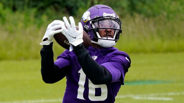 Vikings wide receiver Whop Philyor catches in practice this offseason (AP)