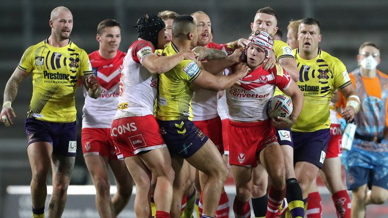 St Helens v Wigan Warriors - Betfred Super League - Totally Wicked Stadium
St Helens and Wigan Warriors players clash during the Betfred Super League match at the Totally Wicked Stadium, St Helens.