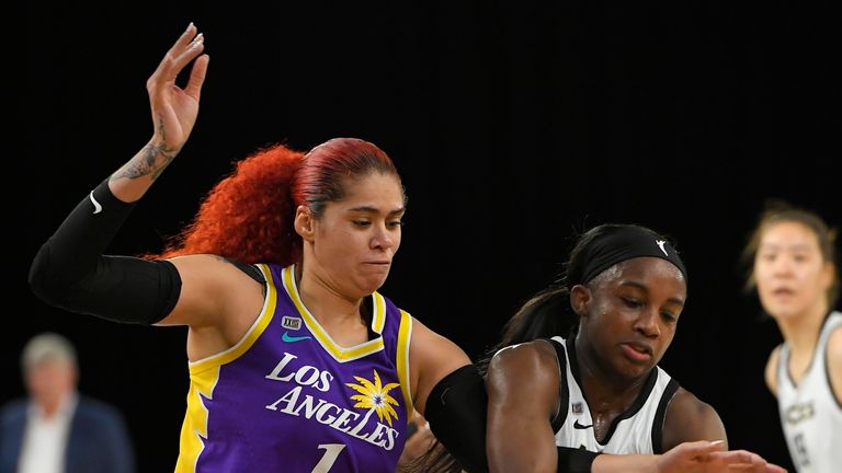 LOS ANGELES, CA - JUNE 30: Amanda Zahui B (1) of the Los Angeles Sparks and Jackie Young (0) of the Las Vegas Aces fight for the ball in the first half on June 30, 2021 at the L.A. Convention Center in Los Angeles, CA. (Photo by John McCoy/Icon Sportswire) (Icon Sportswire via AP Images)


