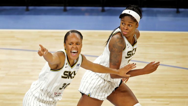 Chicago Sky&#39;s Azurá Stevens (30) and Ruthy Hebard, right, celebrate a basket by their teammate Allie Quigley during a WNBA basketball game against the Connecticut Sun, Saturday, June 19, 2021, in Chicago. (AP Photo/Eileen T. Meslar)


