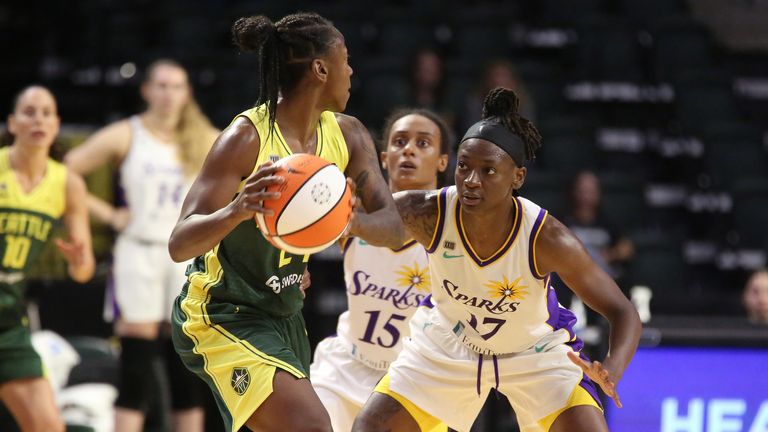 JULY 7: Erica Wheeler #17 of the Los Angeles Sparks plays defense against the Seattle Storm on July 7, 2021 at the Angel of the Winds Arena, in Everett, Washington. 
