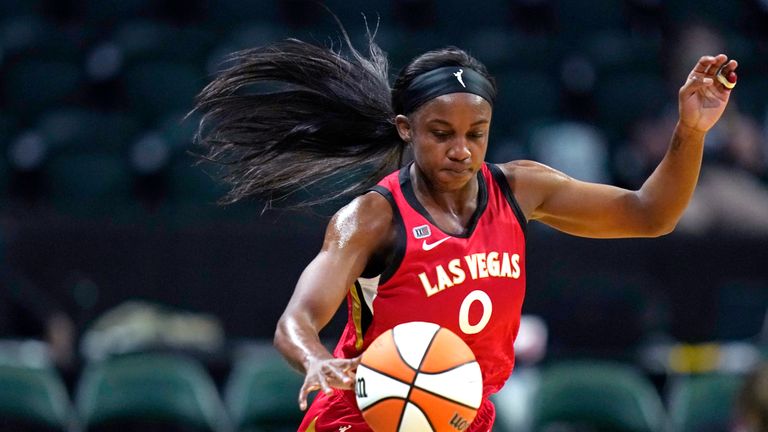 Las Vegas Aces&#39; Jackie Young in action against the Seattle Storm during a WNBA basketball game Saturday, May 15, 2021, in Everett, Wash. (AP Photo/Elaine Thompson)



