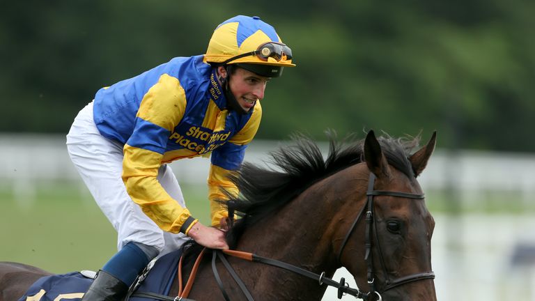 William Buick smiles after he and Wonderful Tonight cross the line in front in the Hardwicke Stakes