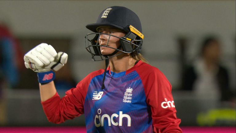Danni Wyatt hits a beautiful six to cap a brilliant 89 not out for England against India in the 3rd T20.