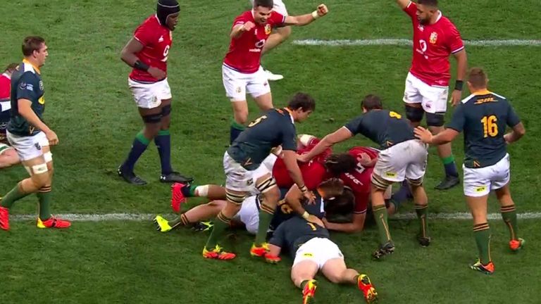 Wyn Jones pulls a try back for the British and Irish Lions against South Africa A, driving over from close range.