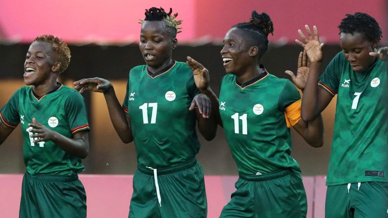 Barbra Banda (second right) scored another hat-trick for Zambia on Saturday