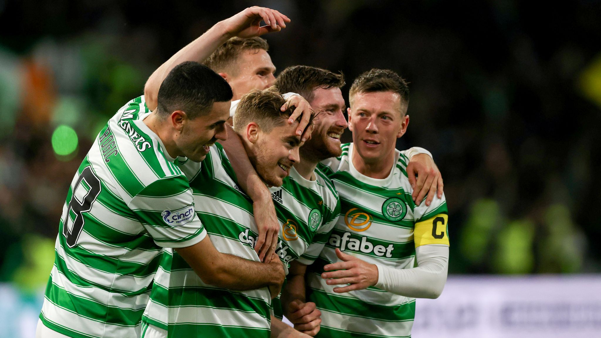 GLASGOW, SCOTLAND - AUGUST 18: James Forrest celebrates after scoring to make it 2-0 Celtic during a UEFA Europa League qualifier between Celtic and AZ Alkmaar at Celtic Park, on August 18, 2021, in Glasgow, Scotland. (Photo by Craig Williamson / SNS Group)