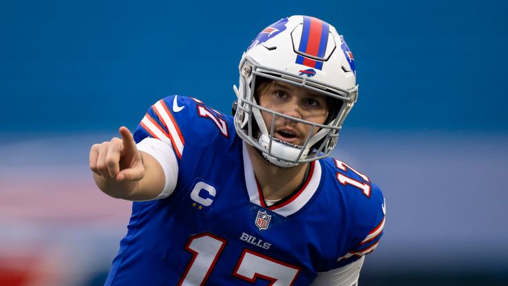Buffalo Bills quarterback Josh Allen (17) points out defense during the second quarter of an NFL football game against the Miami Dolphins, Sunday, Jan. 3, 2021, in Orchard Park, N.Y. (AP Photo/Brett Carlsen)