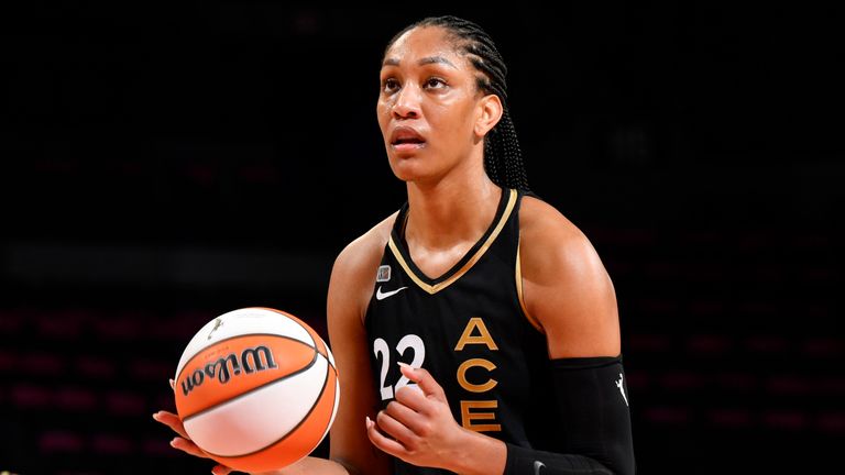 LAS VEGAS, NV - AUGUST 17: A'ja Wilson #22 of the Las Vegas Aces shoots a free throw during the game against the Washington Mystics on August 17, 2021 at Michelob ULTRA Arena in Las Vegas, Nevada. NOTE TO USER: User expressly acknowledges and agrees that, by downloading and or using this photograph, User is consenting to the terms and conditions of the Getty Images License Agreement. Mandatory Copyright Notice: Copyright 2021 NBAE (Photo by Jeff Bottari/NBAE via Getty Images)