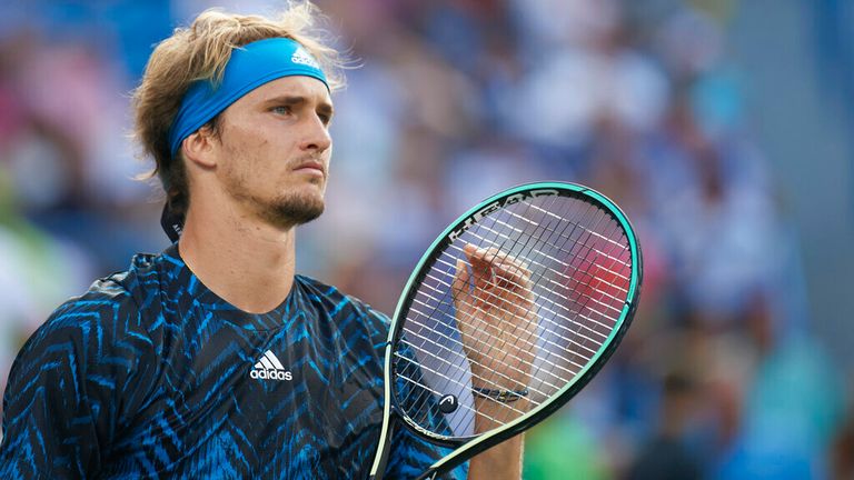 Alexander Zverev of Germany looks on during the semifinal match on day 7 of the Western & Southern Open at the Lindner Family Tennis Center in Mason, Ohio on August 21, 2021. (Photo by Shelley Lipton/Icon Sportswire) (Icon Sportswire via AP Images)
