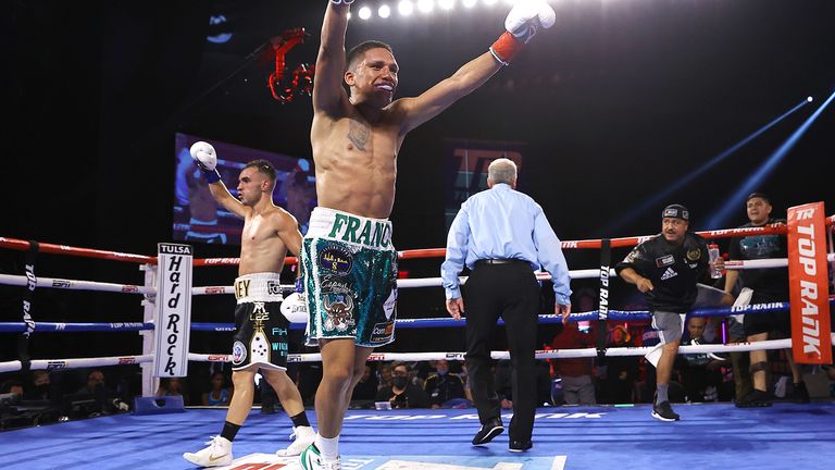 CATOOSA, OKLAHOMA - AUGUST 14: Joshua Franco (R) is victorious as he defeats Andrew Moloney (L) for the WBA super flyweight championship at Hard Rock Hotel & Casino Tulsa on August 14, 2021 in Catoosa, Oklahoma. (Photo by Mikey Williams/Top Rank Inc via Getty Images)