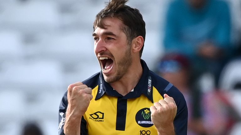 Andrew Salter of Glamorgan celebrates taking the wicket of Graham Clark of Durham during the Royal London Cup Final between Glamorgan and Durham at Trent Bridge on August 19, 2021 in Nottingham
