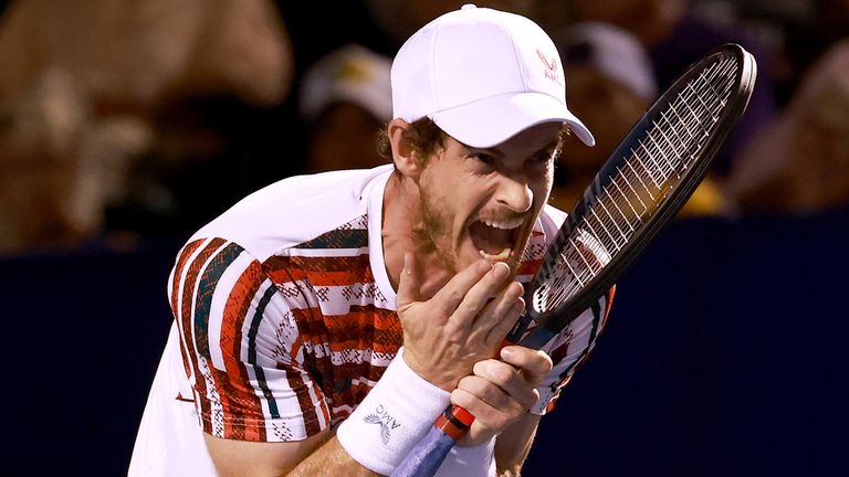 Andy Murray of Great Britain reacts during his loss to Frances Tiafoe on Day 4 of the Winston-Salem Open at Wake Forest Tennis Complex on August 24, 2021 in Winston Salem, North Carolina. (Photo by Grant Halverson/Getty Images)