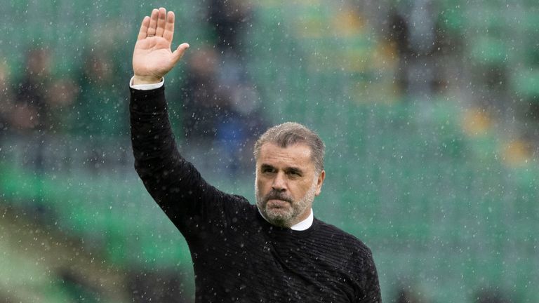 Celtic manager Ange Postecoglou salutes the crowd after the Scottish Premiership game against Dundee