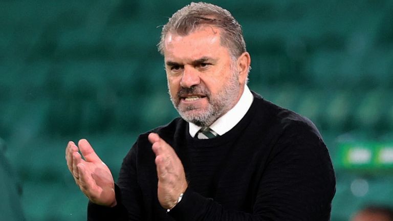 Manager Ange Postecoglou congratulates his players after guiding Celtic into the Europa League play-offs
