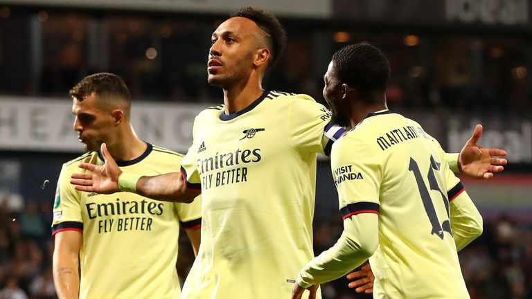 Pierre-Emerick Aubameyang celebrates after completing his hat-trick