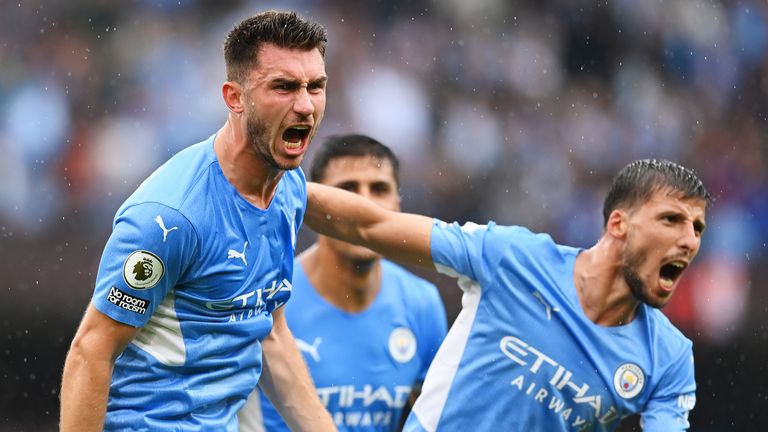 Aymeric Laporte celebrates after scoring City's third goal