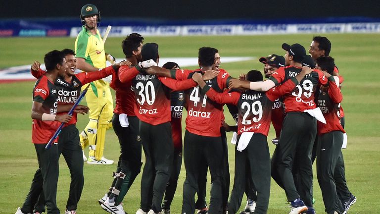 Bangladesh players celebrate after taking an unassailable 3-0 lead in their five-match T20 series against Australia