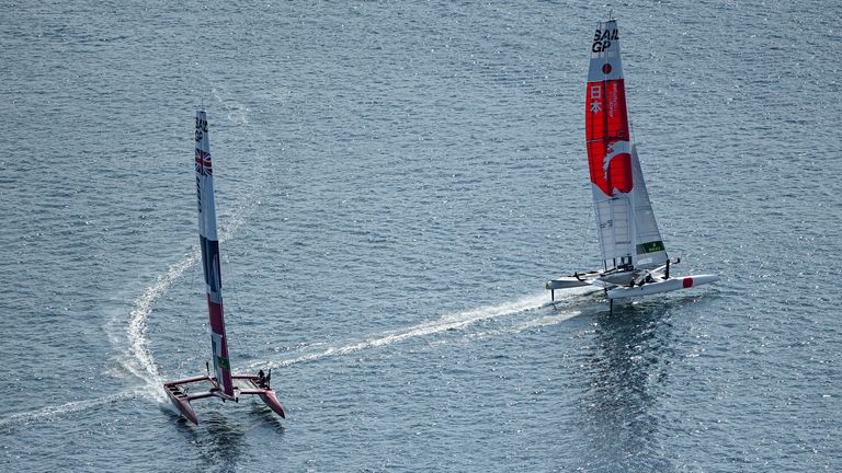 Great Britain SailGP team helmed by Ben Ainslie and Japan SailGP team helmed by Nathan Outterridge (Image credit - Jonathon Nackstrand for SailGP)