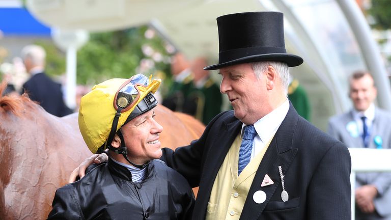 Bjorn Nielsen embraces Frankie Dettori after Stradivarius' fourth Gold Cup win at Ascot last year