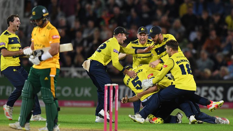 The players of Hampshire Hawks celebrate winning the match during the Vitality T20 Blast Quarter Final match between Notts Outlaws and Hampshire Hawks at Trent Bridge