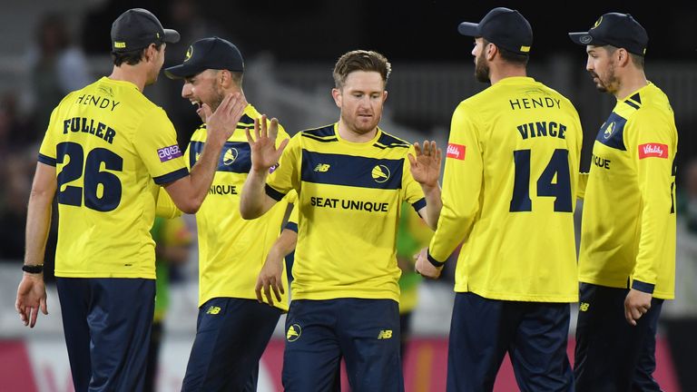 Liam Dawson of Hampshire Hawks celebrates taking the wicket of Samit Patel of Notts Outlaws during the Vitality T20 Blast Quarter Final match between Notts Outlaws and Hampshire Hawks at Trent Bridge