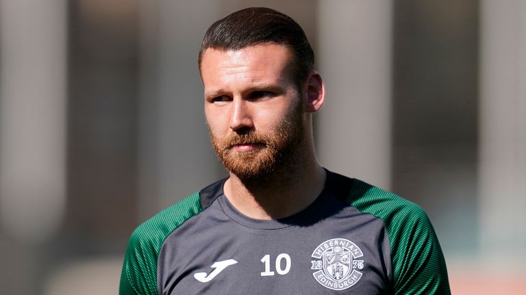 ANDORRA LA VELLA, ANDORRA - JUNE 29 : Hibs Martin Boyle warms up during a Europa Conference League Second Qualifying Round match between FC Santa Coloma and Hibernian at the Estadio Nacional, on June 29, 2021, in Andorra la Vella, Andorra. (Photo by Pedro Salado / SNS Group)