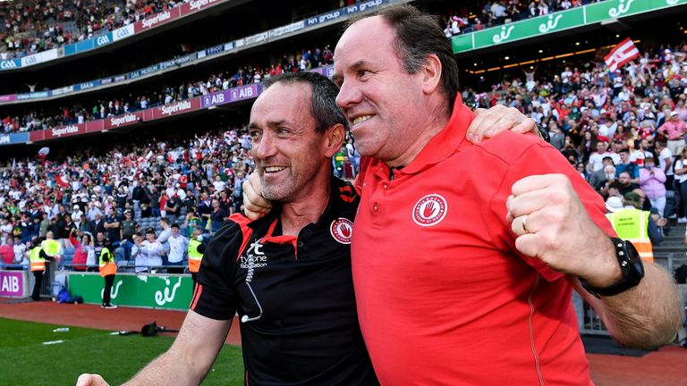 28 August 2021; Tyrone joint-managers Feargal Logan, right, and Brian Dooher celebrate after the GAA Football All-Ireland Senior Championship semi-final match between Kerry and Tyrone at Croke Park in Dublin. Photo by Piaras .. M..dheach/Sportsfile