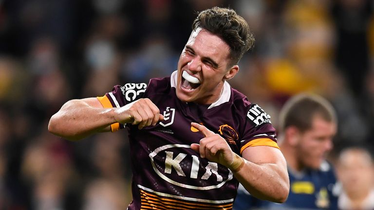 BRISBANE, AUSTRALIA - JULY 30: Brodie Croft of the Broncos celebrates after scoring a try during the round 20 NRL match between the Brisbane Broncos and the North Queensland Cowboys at Suncorp Stadium, on July 30, 2021, in Brisbane, Australia. (Photo by Albert Perez/Getty Images)