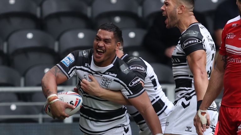 Hull FC&#39;s Bureta Faraimo celebrates scoring