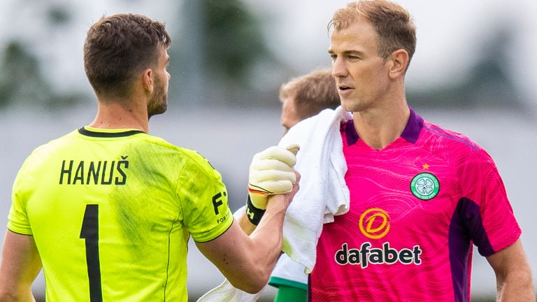 Joe Hart (right) with Jablonec's Jan Hanus at full-time following their Europa League qualifying clash