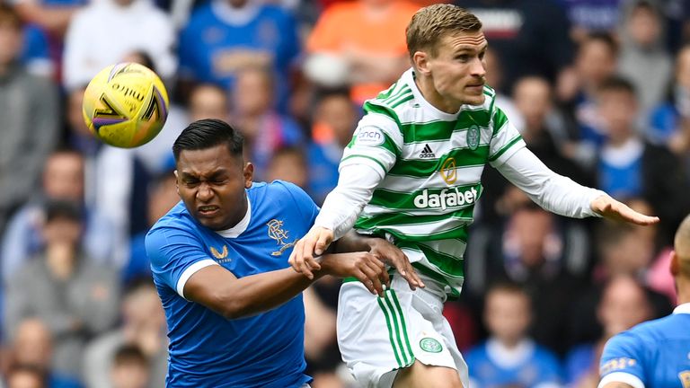 Rangers' Alfredo Morelos (left) battles with Celtic's Carl Starfelt during a cinch Premiership match between Rangers and Celtic at Ibrox, on August 29, 2021, in Glasgow, Scotland (Photo by Rob Casey / SNS Group)