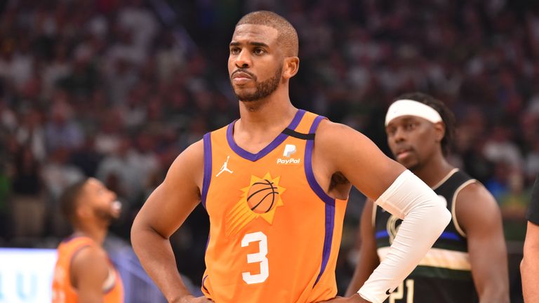 MILWAUKEE, WI - JULY 20: Chris Paul #3 of the Phoenix Suns looks on during Game Six of the 2021 NBA Finals on July 20, 2021 at Fiserv Forum in Milwaukee, Wisconsin. NOTE TO USER: User expressly acknowledges and agrees that, by downloading and/or using this Photograph, user is consenting to the terms and conditions of the Getty Images License Agreement. Mandatory Copyright Notice: Copyright 2021 NBAE (Photo by Jesse D. Garrabrant/NBAE via Getty Images) 