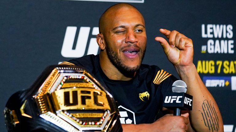 Ciryl Gane speaks during the post fight press conference after defeating Derrick Lewis for the interim heavyweight title belt during UFC 265 at Toyota Center on August 7, 2021 in Houston, Texas
