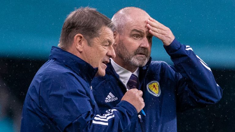 ENGLAND, SCOTLAND - JUNE 18: Scotland head coach Steve Clarke (right) with assistant John Carver during a Euro 2020 match between England and Scotland at Wembley Stadium, on June 18, 2021, in London, England. (Photo by Alan Harvey / SNS Group)