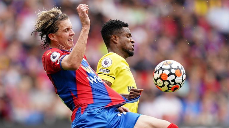 Conor Gallagher and Frank Onyeka in Premier League action at Selhurst Park