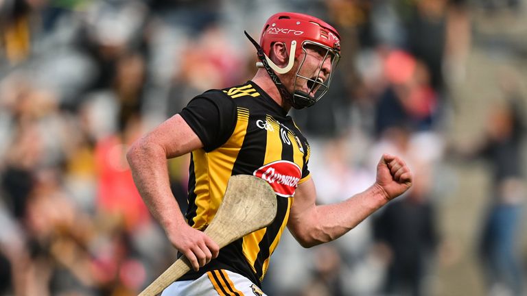 8 August 2021; Adrian Mullen of Kilkenny celebrates after scoring his side's first goal during the GAA Hurling All-Ireland Senior Championship semi-final match between Kilkenny and Cork at Croke Park in Dublin. Photo by Harry Murphy/Sportsfile