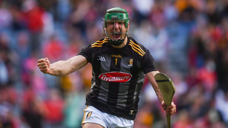 8 August 2021; Kilkenny goalkeeper Eoin Murphy celebrates his side's last minute goal during the GAA Hurling All-Ireland Senior Championship semi-final match between Kilkenny and Cork at Croke Park in Dublin. Photo by David Fitzgerald/Sportsfile