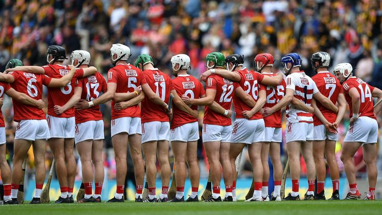 8 August 2021; Cork players stand for Amhr..n na bhFiann before the GAA Hurling All-Ireland Senior Championship semi-final match between Kilkenny and Cork at Croke Park in Dublin. Photo by Piaras .. M..dheach/Sportsfile
