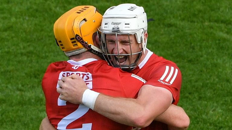 8 August 2021; Patrick Horgan, right, and Niall O'Leary of Cork celebrate at the final whistle of the GAA Hurling All-Ireland Senior Championship semi-final match between Kilkenny and Cork at Croke Park in Dublin. Photo by Daire Brennan/Sportsfile