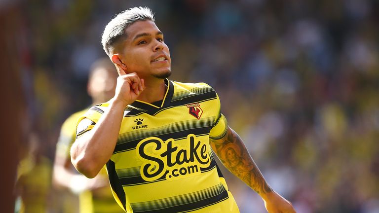 Cucho Hernandez celebrates scoring Watford's third goal