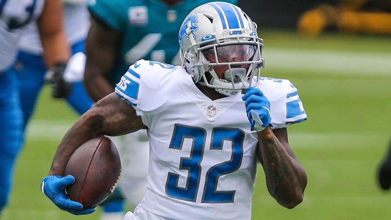 Detroit Lions running back D'Andre Swift (32) during an NFL football game against the Jacksonville Jaguars, Sunday, Oct. 18, 2020, in Jacksonville, Fla. (AP Photo/Gary McCullough)