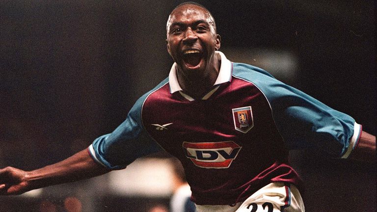 Darius Vassell celebrates after scoring Aston Villa's winning goal against Stromsgodset during the UEFA Cup First Round, First Leg between Aston Villa v Stromsgodset at Villa Park in 1998