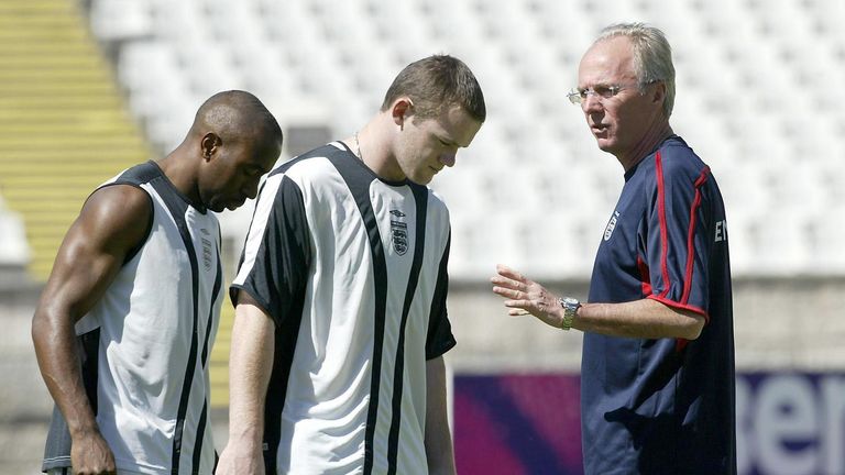Darius Vassell and Wayne Rooney train in view of England manager Sven Goran Eriksson in 2004