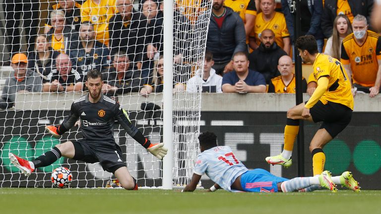 August 29, 2021, Wolverhampton, United Kingdom: Wolverhampton, England, 29th August 2021. David De Gea of Manchester United makes a save from Trincao of Wolverhampton Wanderers during the Premier League match at Molineux, Wolverhampton. Picture credit should read: Darren Staples / Sportimage(Credit Image: © Darren Staples/CSM via ZUMA Wire) (Cal Sport Media via AP Images)