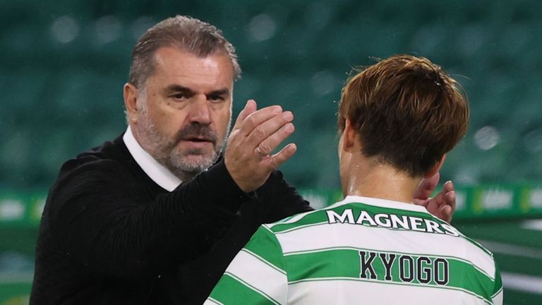 GLASGOW, SCOTLAND - AUGUST 12: Celtic Manager Ange Postecoglou with Celtic...s Kyogo Furuhashi during a UEFA Europa League 2nd Leg Qualifer between Celtic and Jablonec at Celtic Park, on August 12, 2021, in Glasgow, Scotland. (Photo by Craig Williamson / SNS Group)